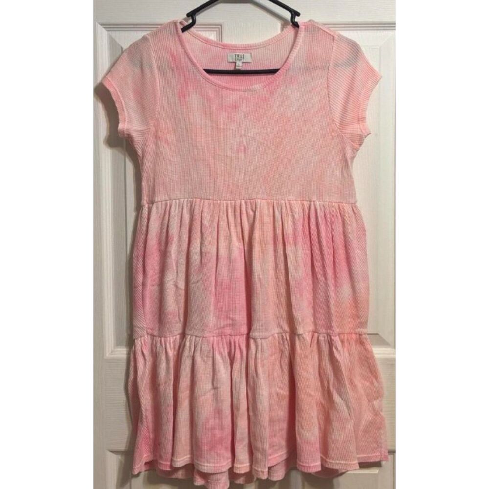 TRUE CRAFT Girls Sz Large Pink Tie Dye Tiered Casual Wear Knee Length Dress
